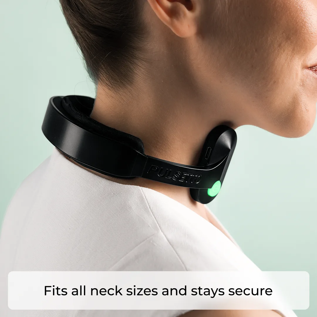 Pulsetto FIT worn around the neck, showing the fit